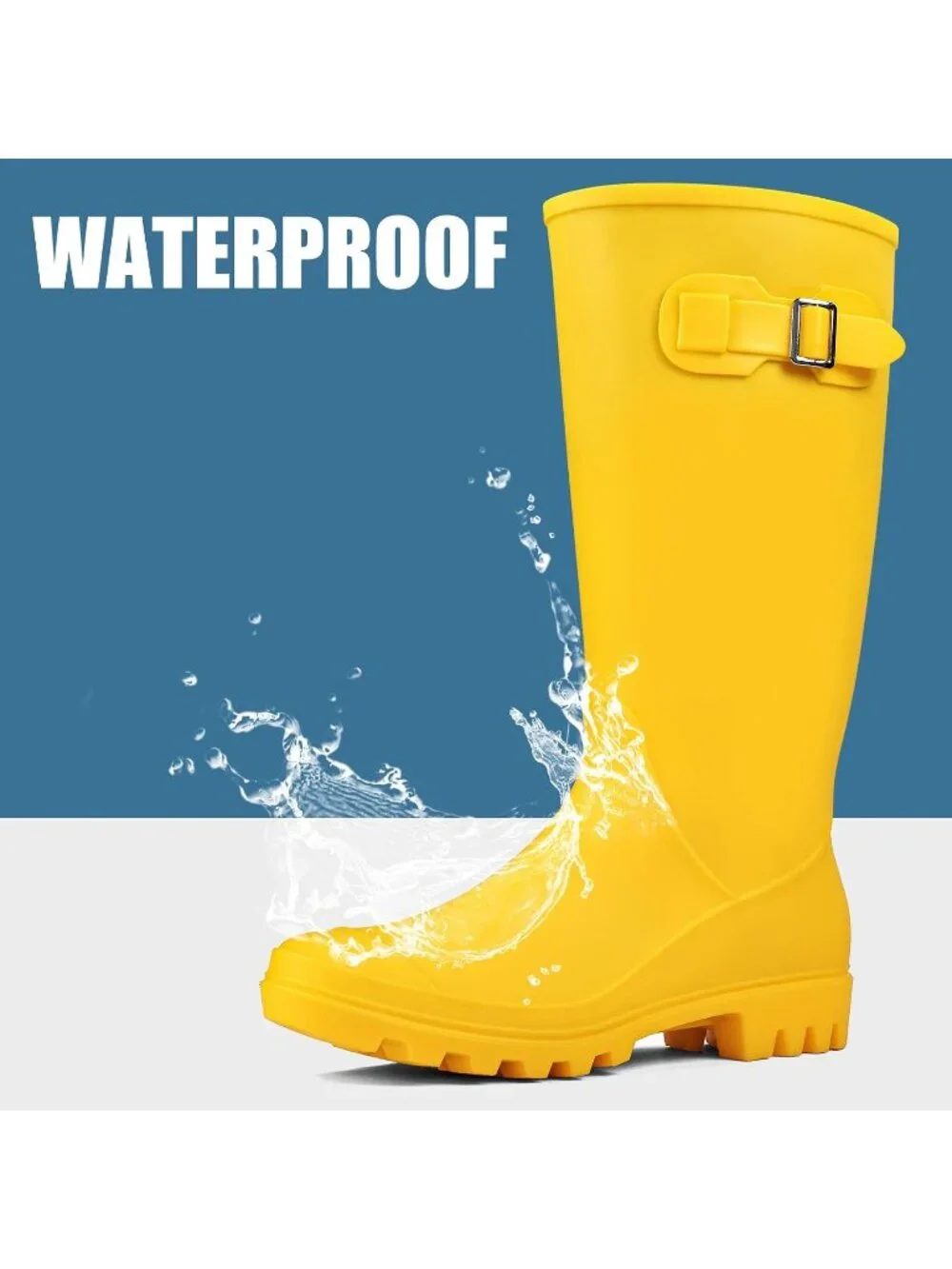 Women's Matte Yellow Tall Waterproof Rain Boots Rubber Wide Calf Garden Boots